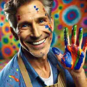 middle age person covered in paint- showing he is full of life